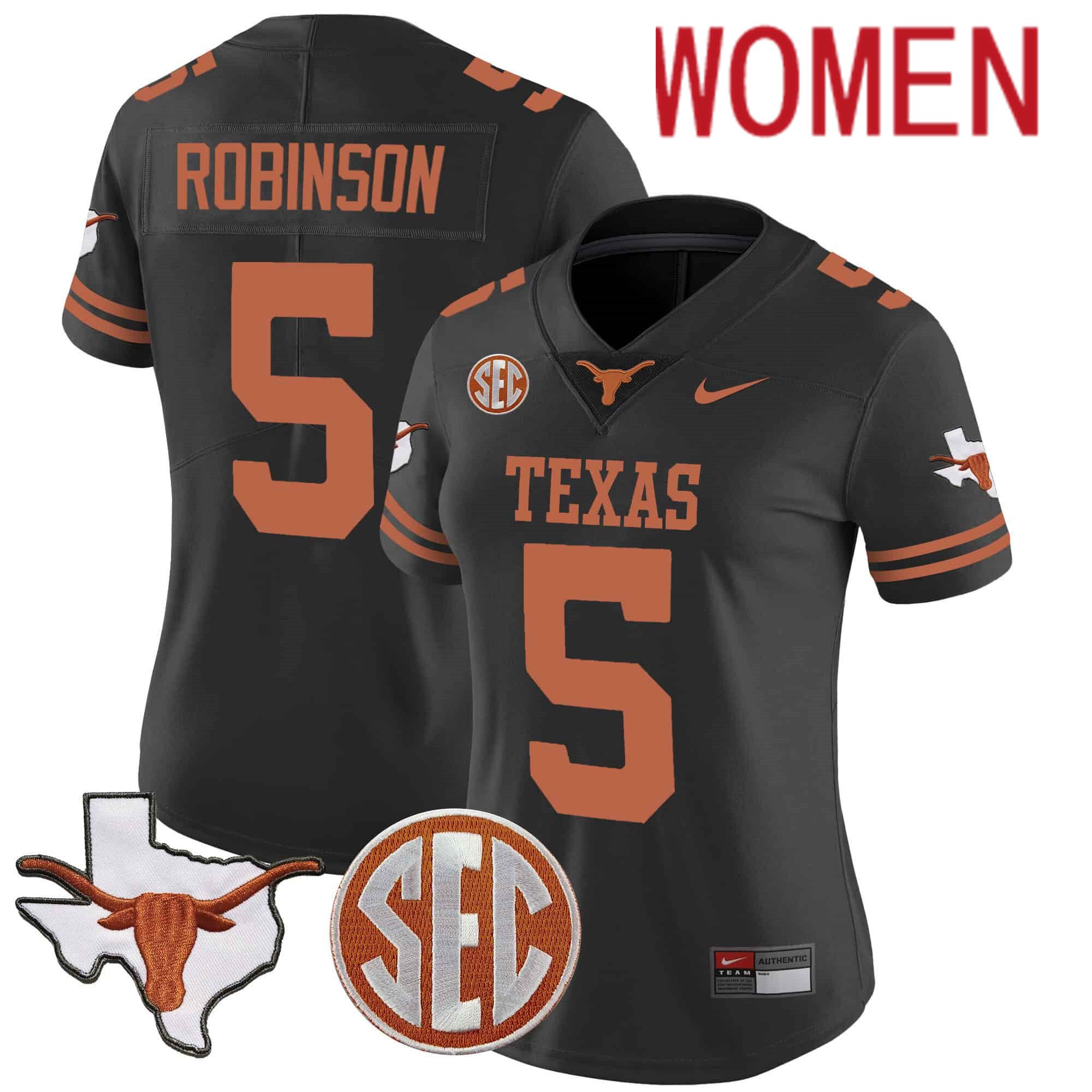 Women Texas Longhorns #5 Robinson Black 2024 Nike State Map & SEC Patch Vapor NCAA Jersey style 1->women nfl jersey->Women Jersey